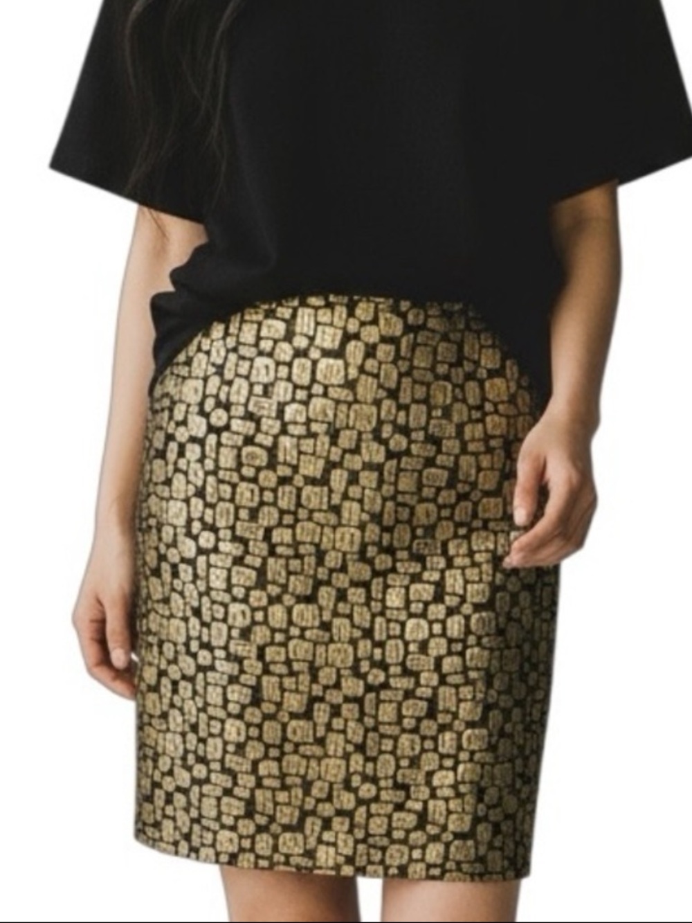 LOFT Metallic Jacquard Party Pencil Skirt Gold & Black Petite Size 10 NWOT